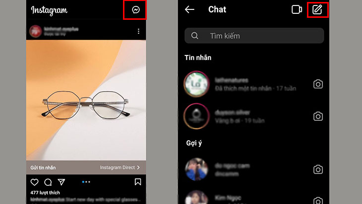 Nhấn vào biểu tượng Messenger và Chọn biểu tượng hình bút