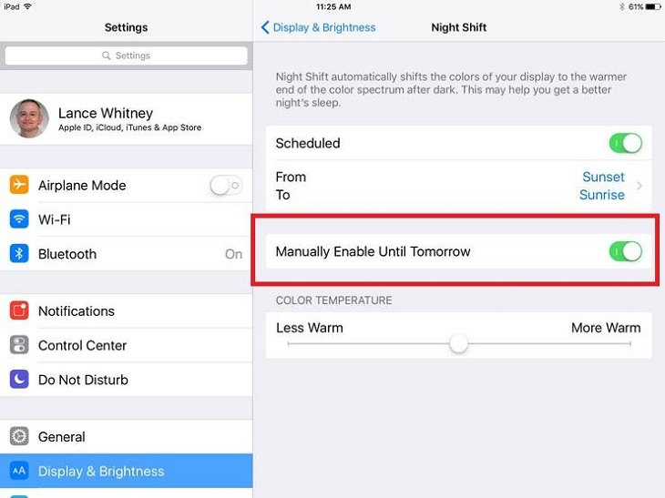 Chạm vào cài đặt cho Manually Enable Until Tomorrow