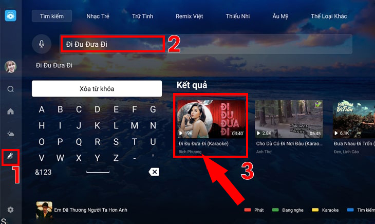 Bước 6: Tại trang chủ của ứng dụng, chọn biểu tượng Karaoke, sau đó bạn gõ tên bài hát trên thanh tìm kiếm và chọn video beat.