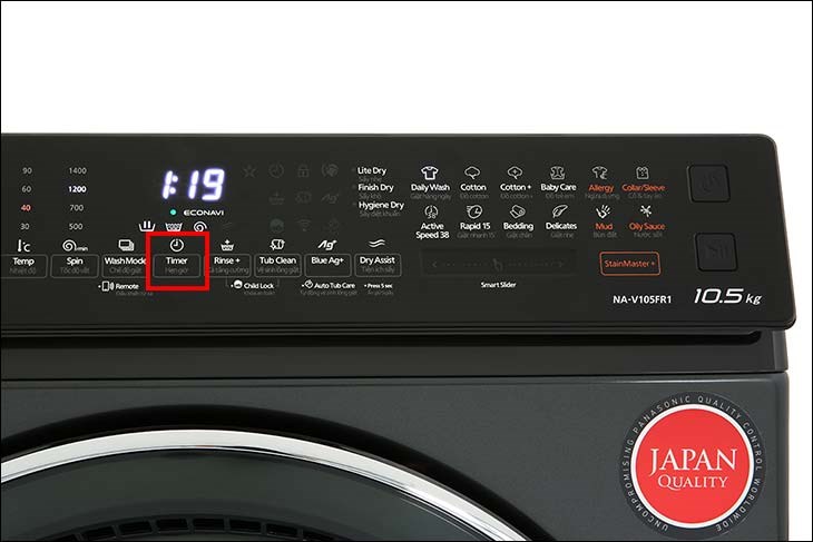 Nhấn phím Timer trên máy giặt Panasonic Inverter 10.5 kg NA-V105FR1BV để chọn thời gian mong muốn kết thúc chương trình giặt