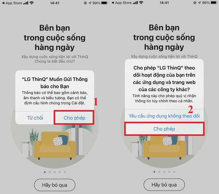 Chọn cho phép cho những điều khoản riêng tư của ứng dụng LG ThinQ.