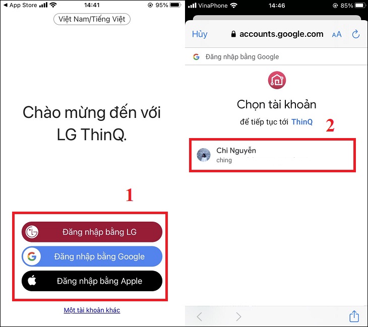 Đăng nhập tài khoản LG ThinQ bằng tài khoản LG, Google hoặc Apple.