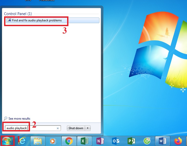 Nhấp vào biểu tượng Window trên màn hình, nhập audio playback vào ô tìm kiếm > chọn Find and fix audio playback.
