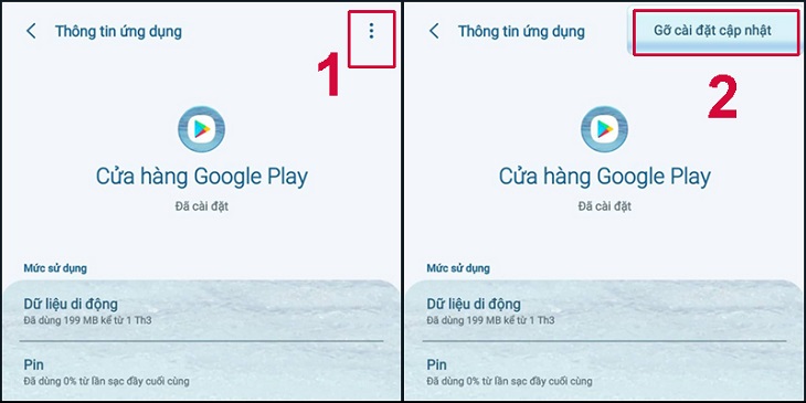 Chọn biểu tượng dấu 3 chấm dọc > Chọn gỡ Cài đặt cập nhập.