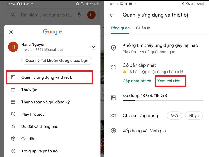 Vào mục CH Play, chọn Cài đặt > Chọn Quản lý ứng dụng và thiết bị.