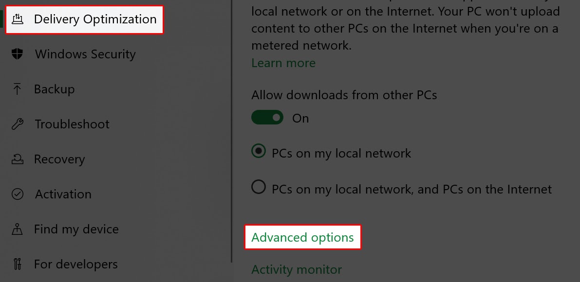 Chọn Delivery Optimization ở danh sách bên trái > Advanced options