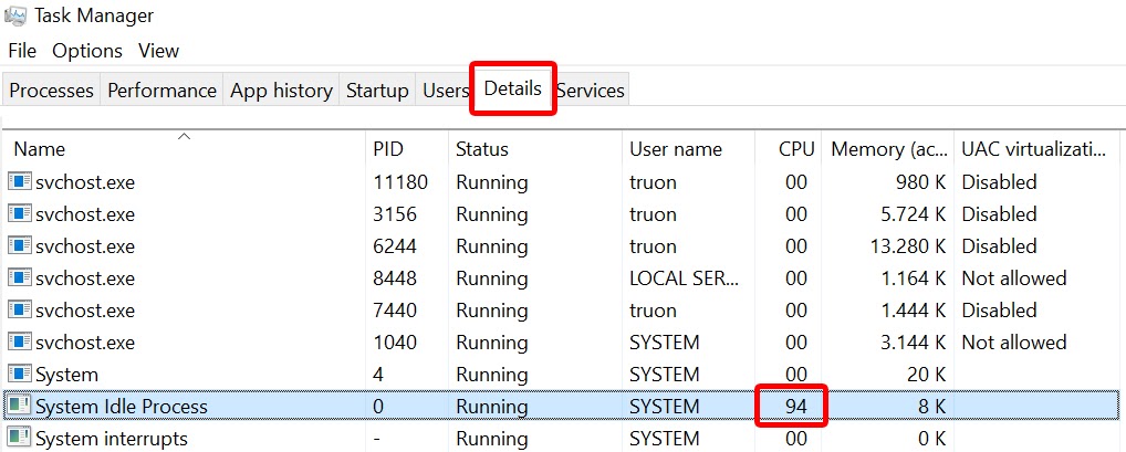 System Idle Process trong mục Details của Task Manager