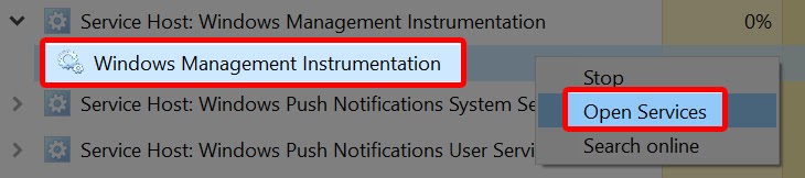 nhấn chuột phải vào Windows Management Instrumentation > Open Services