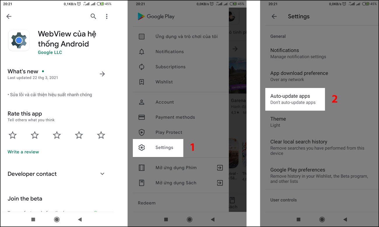 Gỡ cài đặt ứng dụng Web View và tắt tự động cập nhật ứng dụng