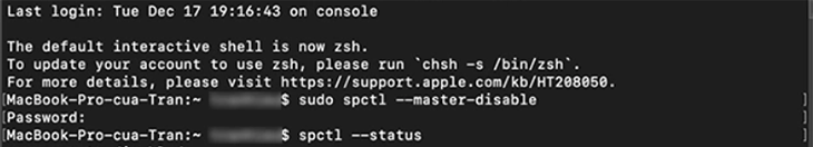 gõ lệnh spctl --status