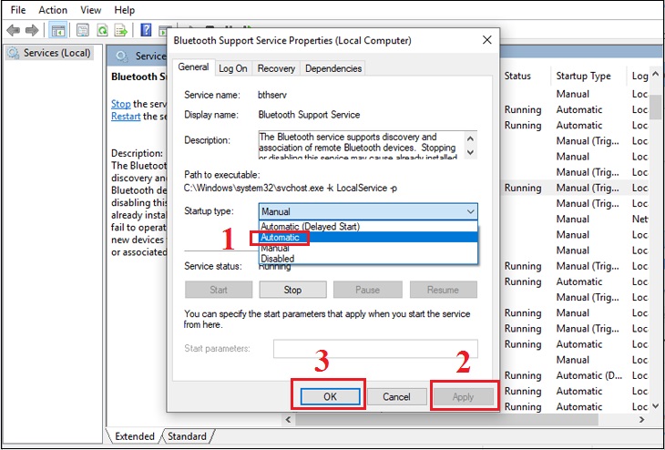 Lỗi tại Bluetooth Support Services