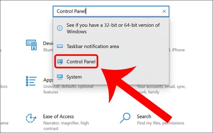 Bạn mở cửa sổ Control Panel từ thanh tìm kiếm