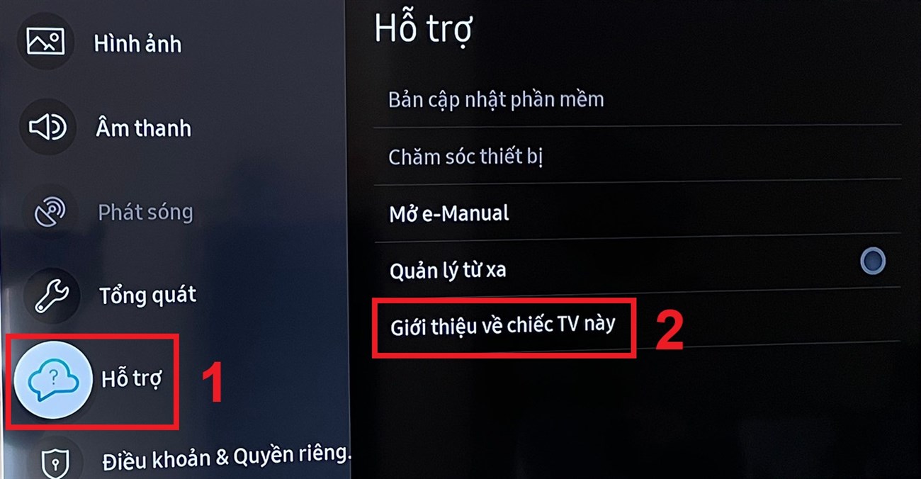 Chọn Hỗ trợ > Giới thiệu về TV.