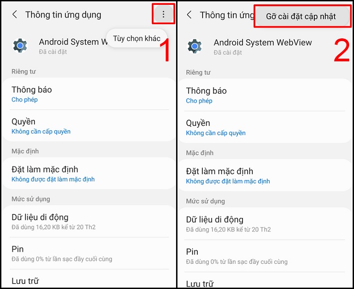 Gỡ cài đặt cập nhật của ứng dụng Android System WebView