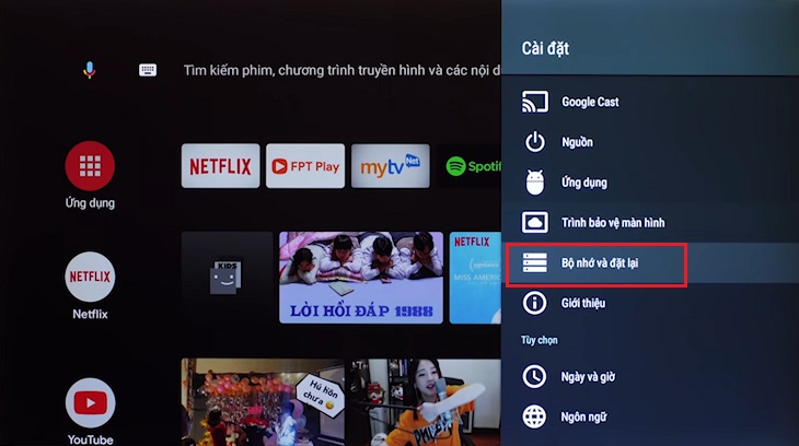 Tìm, chọn mục Bộ nhớ và đặt lại.