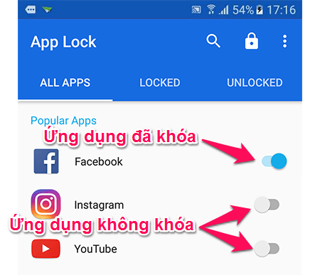 Chọn để khóa ứng dụng