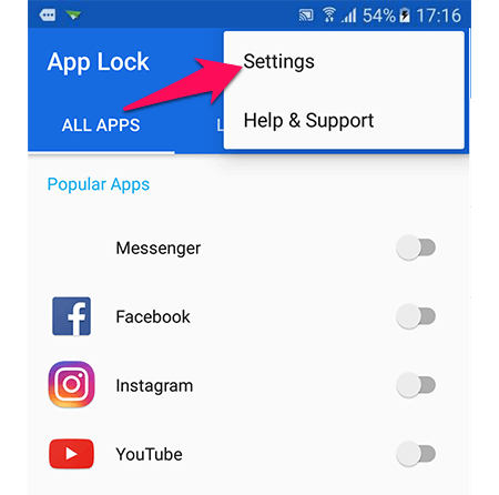 Mở settings để thiết lập