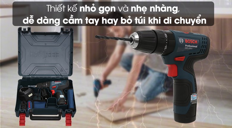 Máy khoan động lực pin Bosch GSB 120-LI 12V có thiết kế nhỏ gọn và nhẹ nhàng, dễ dàng cầm tay hay bỏ túi khi di chuyển