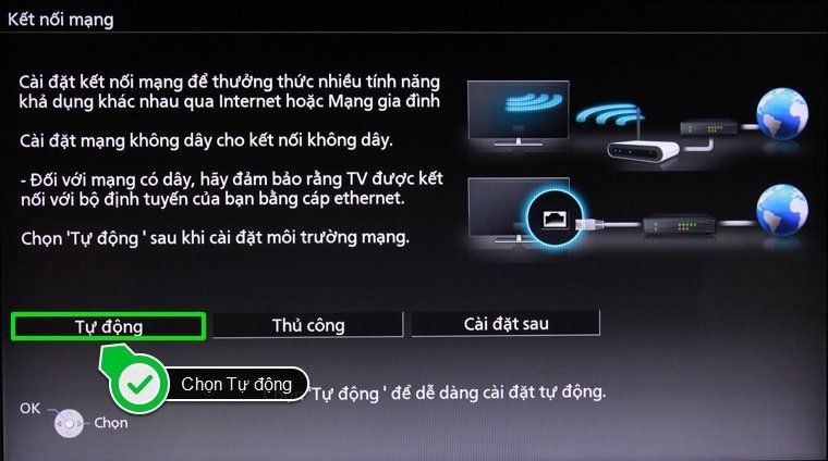 Bạn chọn Tự động để tivi quét và hiển thị các mạng wifi khả dụng