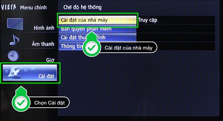 Chọn Cài đặt nhà máy > nhấn nút OK 2 lần và tivi sẽ tiến hành khôi phục cài đặt