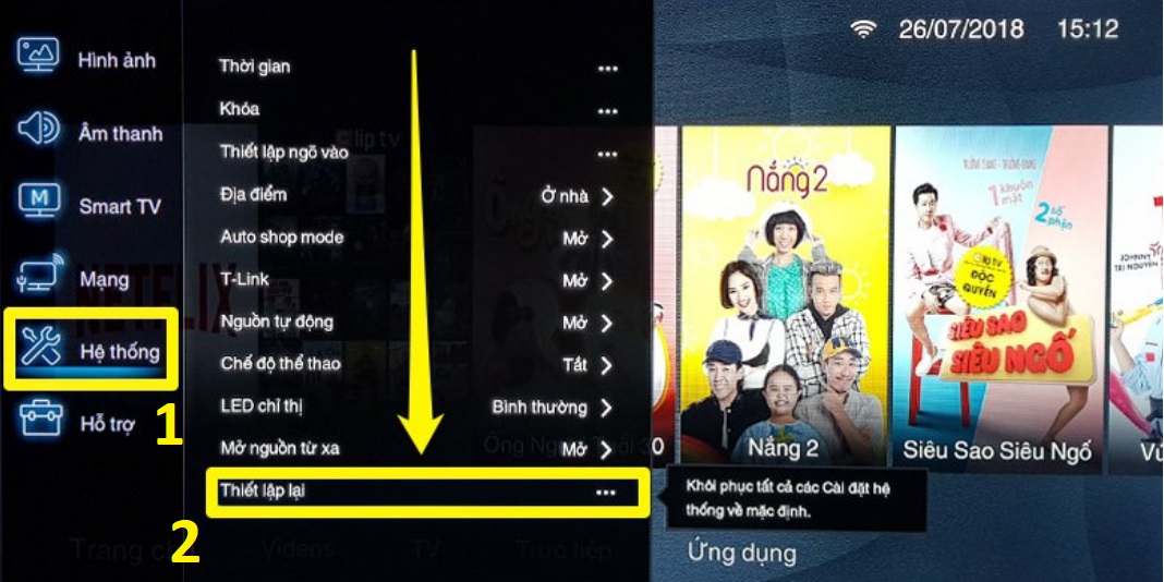 Tại giao diện Cài đặt, bạn nhấn chọn mục Hệ thống ở bên trái màn hình tivi TCL > Chọn vào Thiết lập lại