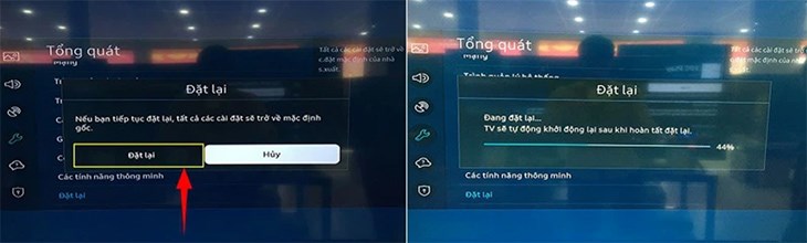 Màn hình Tivi sẽ hiển thị thông báo “Nếu bạn tiếp tục đặt lại, tất cả các cài đặt sẽ trở về mặc định gốc”