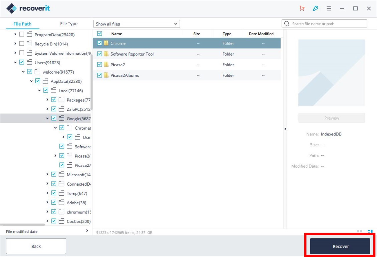 Chọn đúng vị trí lưu trữ lịch sử trình duyệt web và chọn Recover