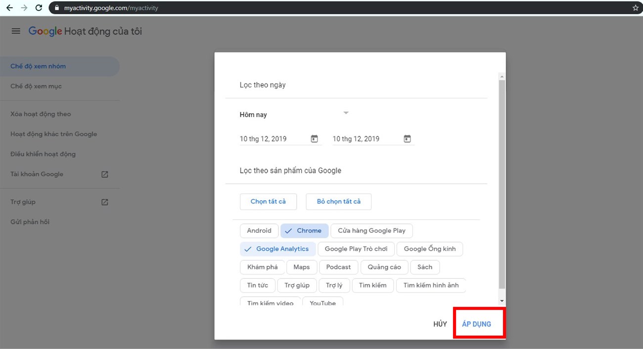 Chọn ngày giờ, các sản phẩm của Google để lọc chính xác lịch sử duyệt web của bạn