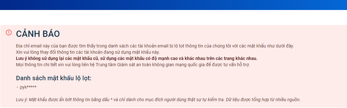 Kết quả kiểm tra lộ lọt thông tin tài khoản cá nhân