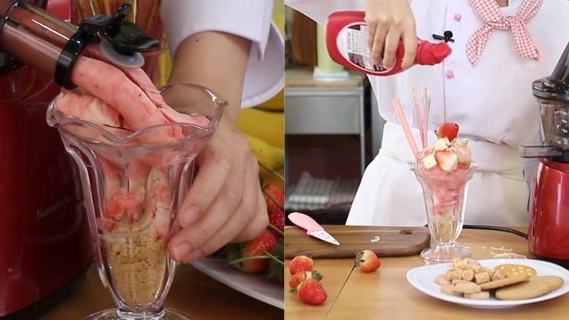 Ly thủy tinh được để ngay đầu ra của máy để hứng kem