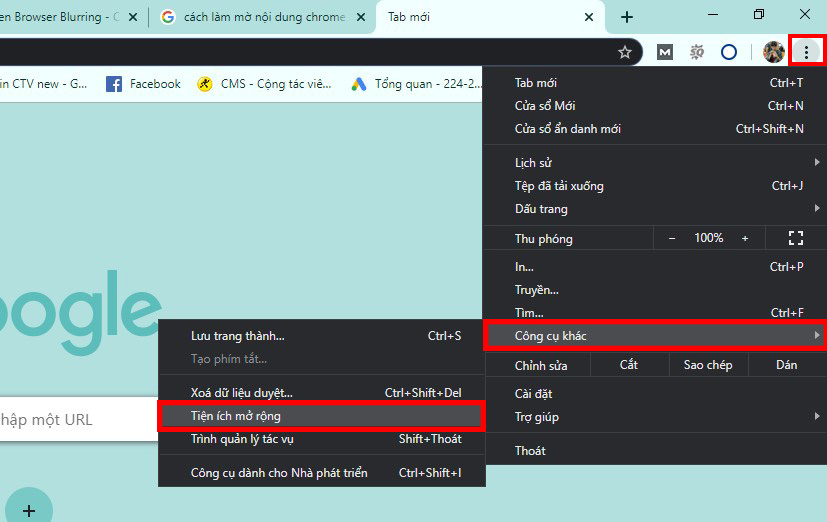 Chọn vào biểu tượng 3 chấm dọc xuống > Chọn Công cụ khác > Chọn vào Tiện ích mở rộng