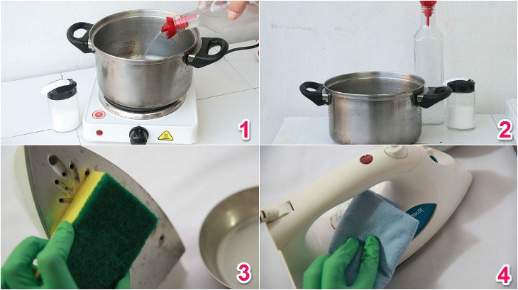 Các bước làm sạch mặt bàn ủi bằng giấm và muối