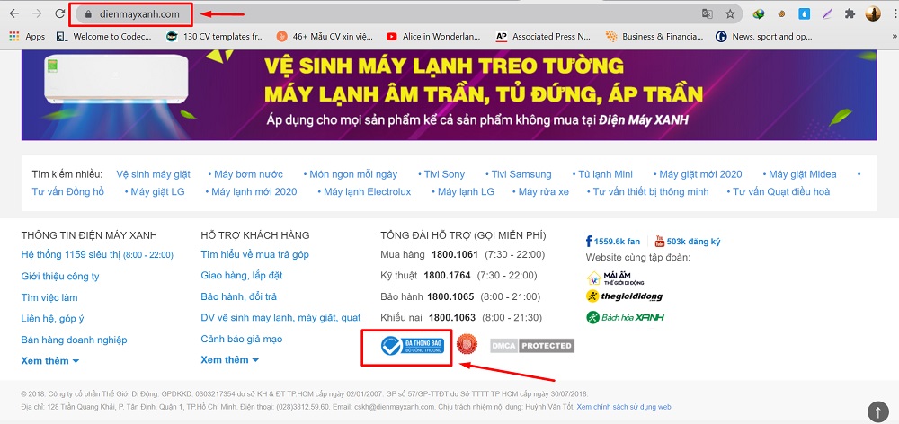 Trang thật của Điện máy XANH đã đăng ký với Bộ công thương