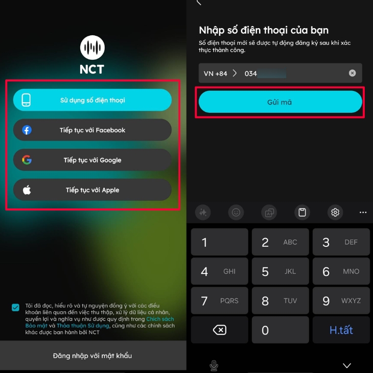 Đăng nhập vào tài khoản trên ứng dụng NCT