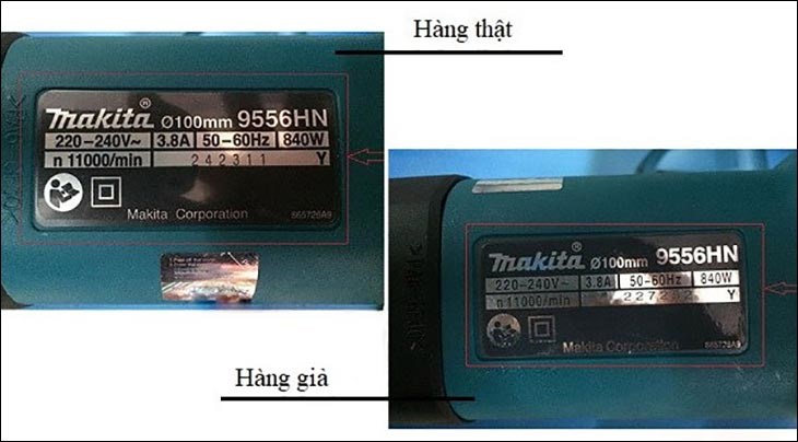 Máy khoan Makita giả có chữ in trên nhãn mác bị mờ, nhòe, sai chính tả, hoặc thiếu thông tin