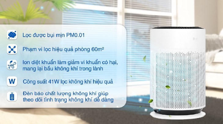 Máy lọc không khí LG PuriCare 360 Hit AS60GHWG0 41W có thiết kế gọn, màu sắc trang nhã thuận tiện đặt ở bất cứ đâu trong nhà