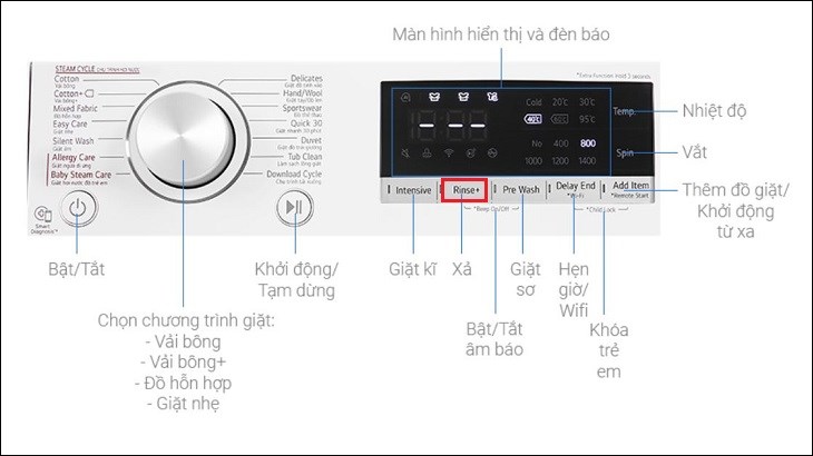 Chọn tính năng xả nước để loại bỏ bọt, cặn chất tẩy bên trong lồng giặt trong quá trình reset máy giặt LG AI DD Inverter 8.5 kg FV1408S4W
