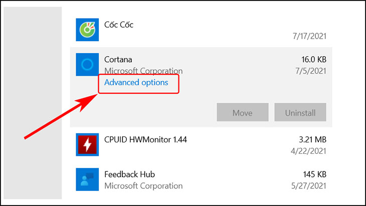Tìm kiếm ứng dụng Cortana và chọn Advanced Options