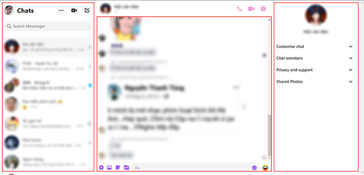 Giao diện Messenger gồm 3 phần chính