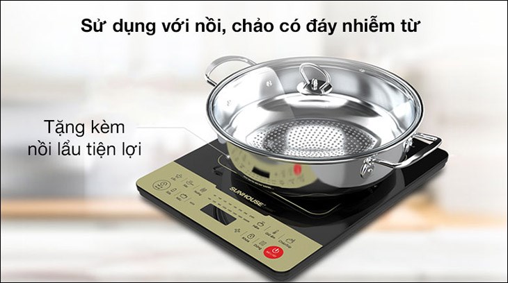 Bếp từ Sunhouse SHD6867 được trang bị thêm nồi inox có đáy nhiễm từ, giúp người dùng sử dụng sản phẩm hiệu quả