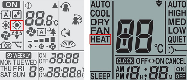 bạn nhấn cho đến khi remote hiện ra chữ HEAT hay biểu tượng có hình mặt trời.