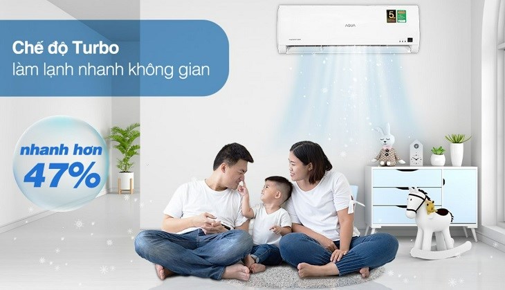 Điều hòa Aqua Inverter 1 HP AQA-KCRV10TR được trang bị chế độ làm lạnh nhanh Turbo hỗ trợ người dùng cảm nhận bầu không khí mát lạnh ngay tức thì sau khi kích hoạt