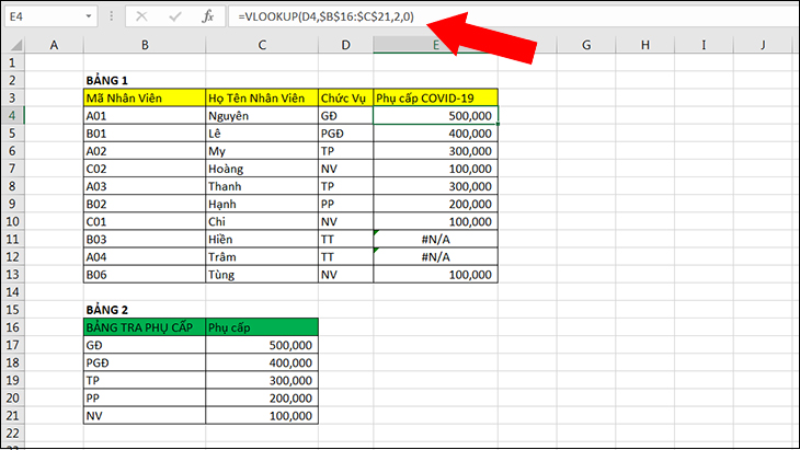Sử dụng hàm VLOOKUP để tính phụ cấp theo chức vụ