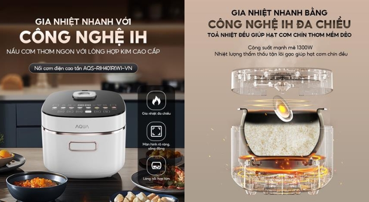 Nồi cơm điện cao tần AQUA 1.5 lít AQS-RIH401R(W)-VN sử dụng công nghệ cao tần IH nghệ