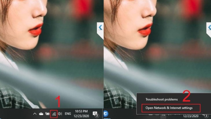 Bạn chọn Open Network and Sharing Center từ menu