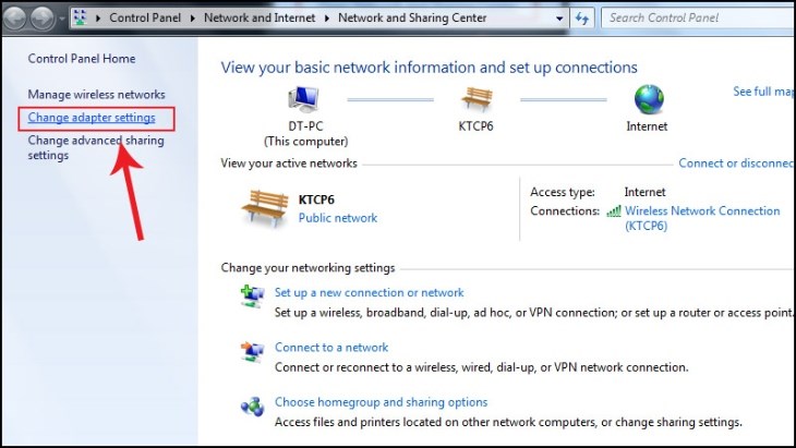 Bạn chọn mục Change adapter settings