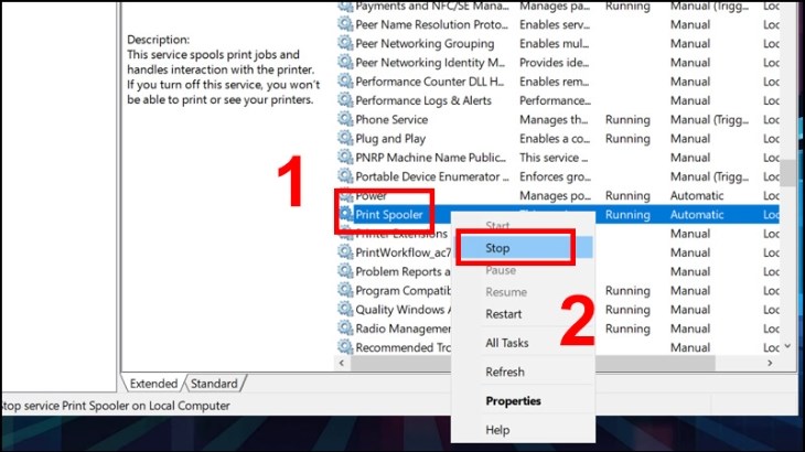 Dừng service Print Spooler bằng cách nhấn chuột phải và chọn Stop