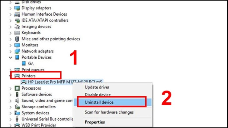 Mở rộng Printer drivers và chọn Uninstall device