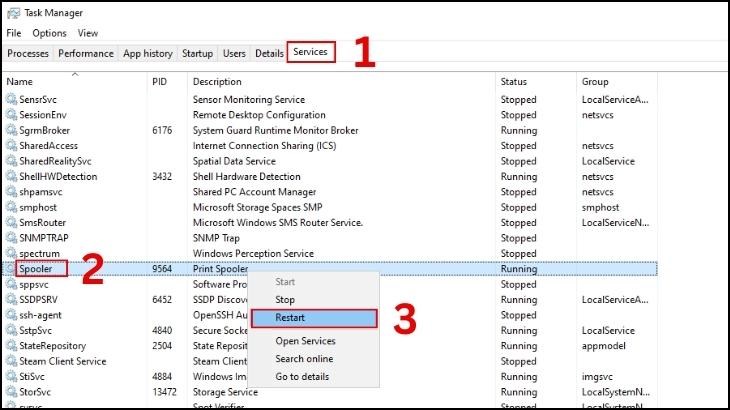 Restart lại dịch vụ Print Spooler