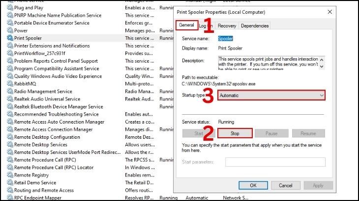 Thiết lập service Print Spooler